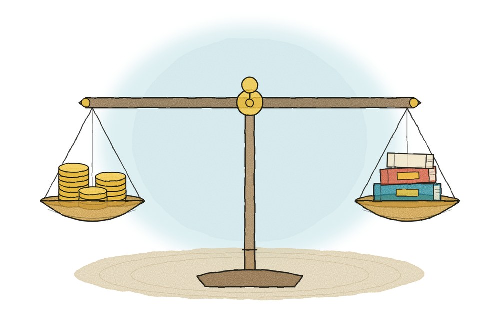 Drawing: a balance scale in equilibrium, coins on one pan and a stack of books on the other.